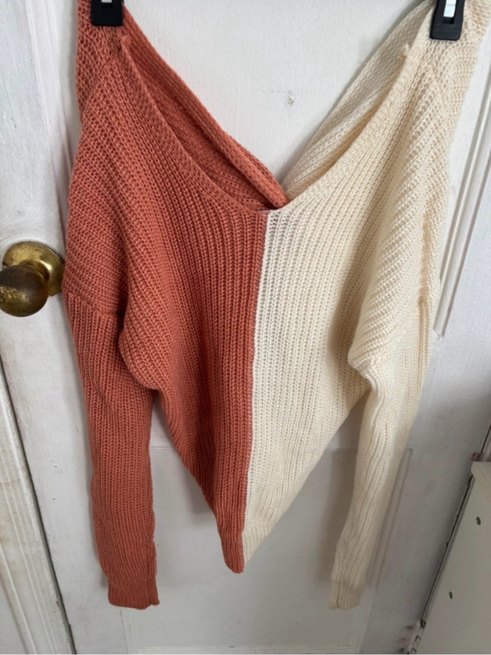 No Boundaries Two-Tone Off-Shoulder Sweater in Rust & Cream